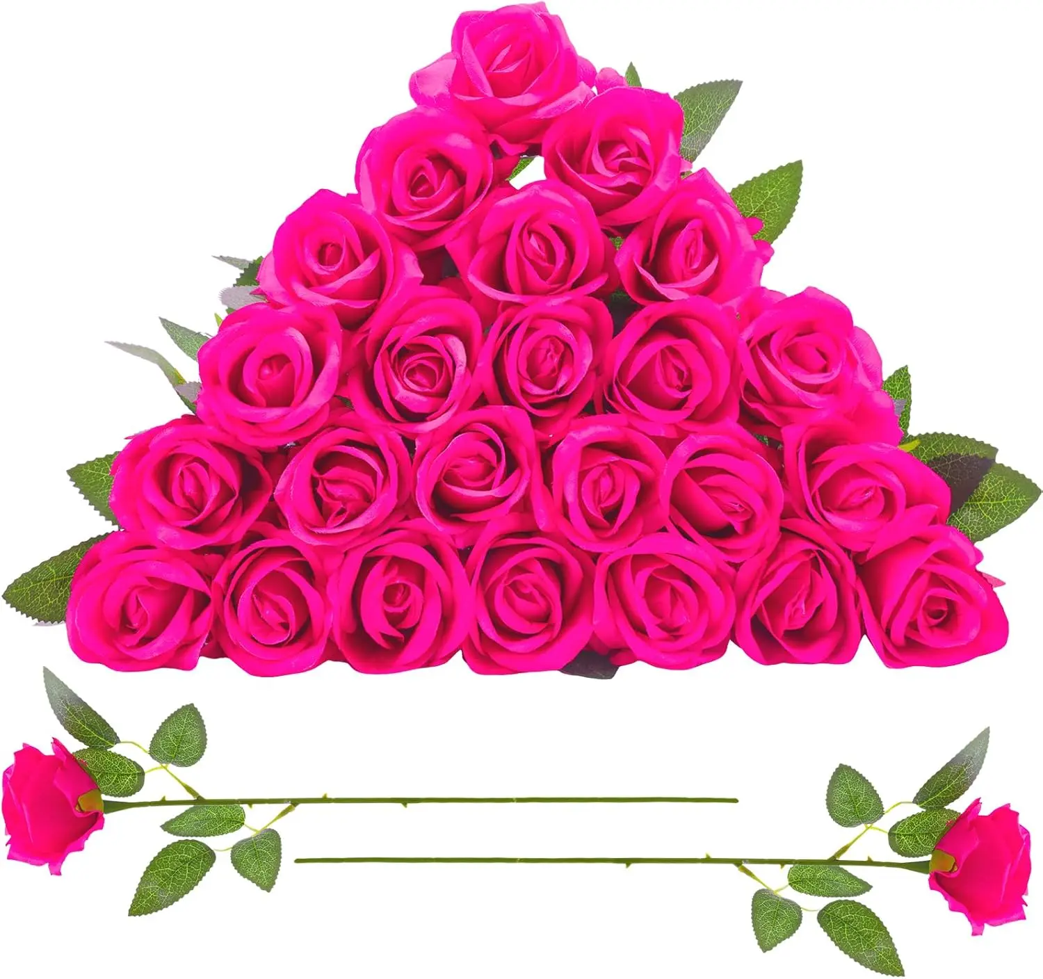 24 count Hot Pink Rose Artificial  with Long Stem Real Touch Silk Roses Bulk for Wedding, Party, Table Centerpieces Bright Pink Bouquet, Bridal, Home Decor