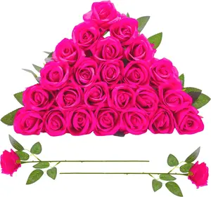 24 count Hot Pink Rose Artificial  with Long Stem Real Touch Silk Roses Bulk for Wedding, Party, Table Centerpieces Bright Pink Bouquet, Bridal, Home Decor