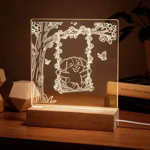 Cozy Dog on Swing Night Light - Acrylic LED Photo Frame with Wood Base, Warm Glow Bedside Lamp, Cute Animal Decor, Perfect Gift for Pet Lovers | Multiple Charging Options, Portable & Dimmable