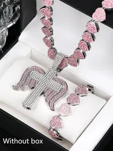 3pcs Pendant with Necklace Bangle Iced Out Hip Hop Pink Rhinestone Wings Cross Pendant with Pink Heart Chain Link for Mother's Day Jewelry Set Unisex Street Charm Y2K Cuban Love Heart Necklace Bracelet Set Gift for Men Father's Day Matching Jewelry Set