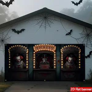 Halloween Garage Banner, Spooky Circus Ticket Booth Scene, Durable Polyester Material, Perfect for Halloween Party Decoration