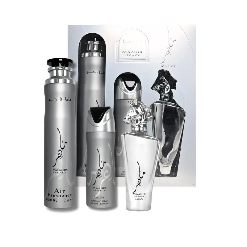 Lattafa Maahir Legacy Gift Set - EDP 3.4 Oz, Air Freshener 300ml & Deodorant 200ml Scented Perfume