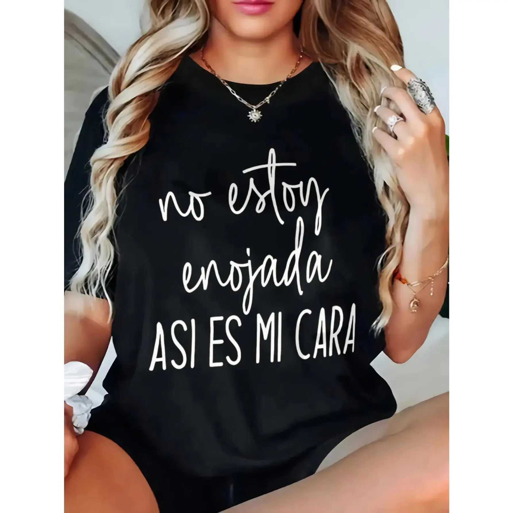 Raglan Sleeve Black No Estoy Enojada Spanish Quote Casual Tee Summer Personalized Short Sleeve T-Shirt Unisex USA Made Cotton Fabric Breathable Everyday Fit Minimalist Style Plus Size