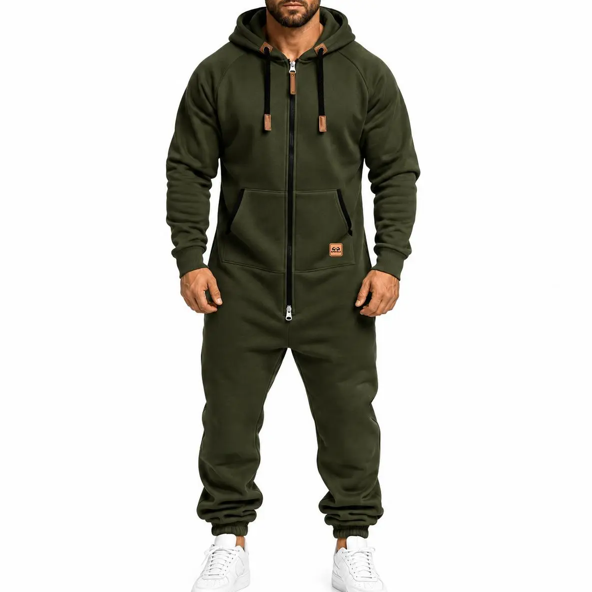 Men’s Fall/Winter Hooded Fleece-Lined Cargo Jumpsuit, Multi-Pocket Full-Zip One-Piece Workwear, Relaxed Fit Functional Streetwear Outfit With Long Cuffed Pants For Outdoor Activities, Daily Wear And Travel