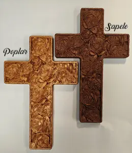 Wood carving of a Christian cross made of a bouquet of roses with small border, Carved of Poplar or Sapele with keyhole for wall hanging