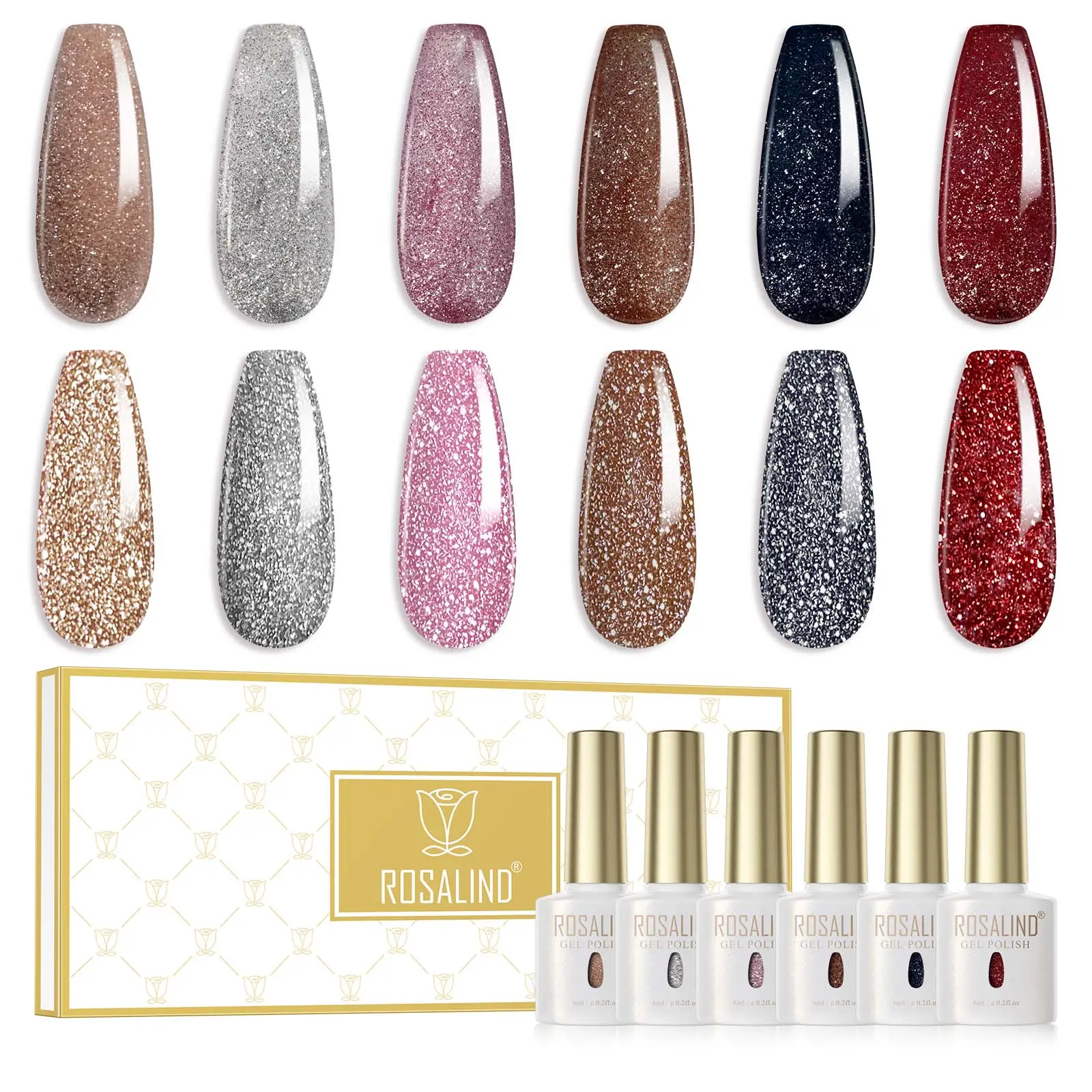 ROSALIND 6 Pcs Reflective Glitter Gel Nail Polish Set, UV LED Soak Off Disco Flash Sparkle Gel for DIY Manicure Party Nail Art