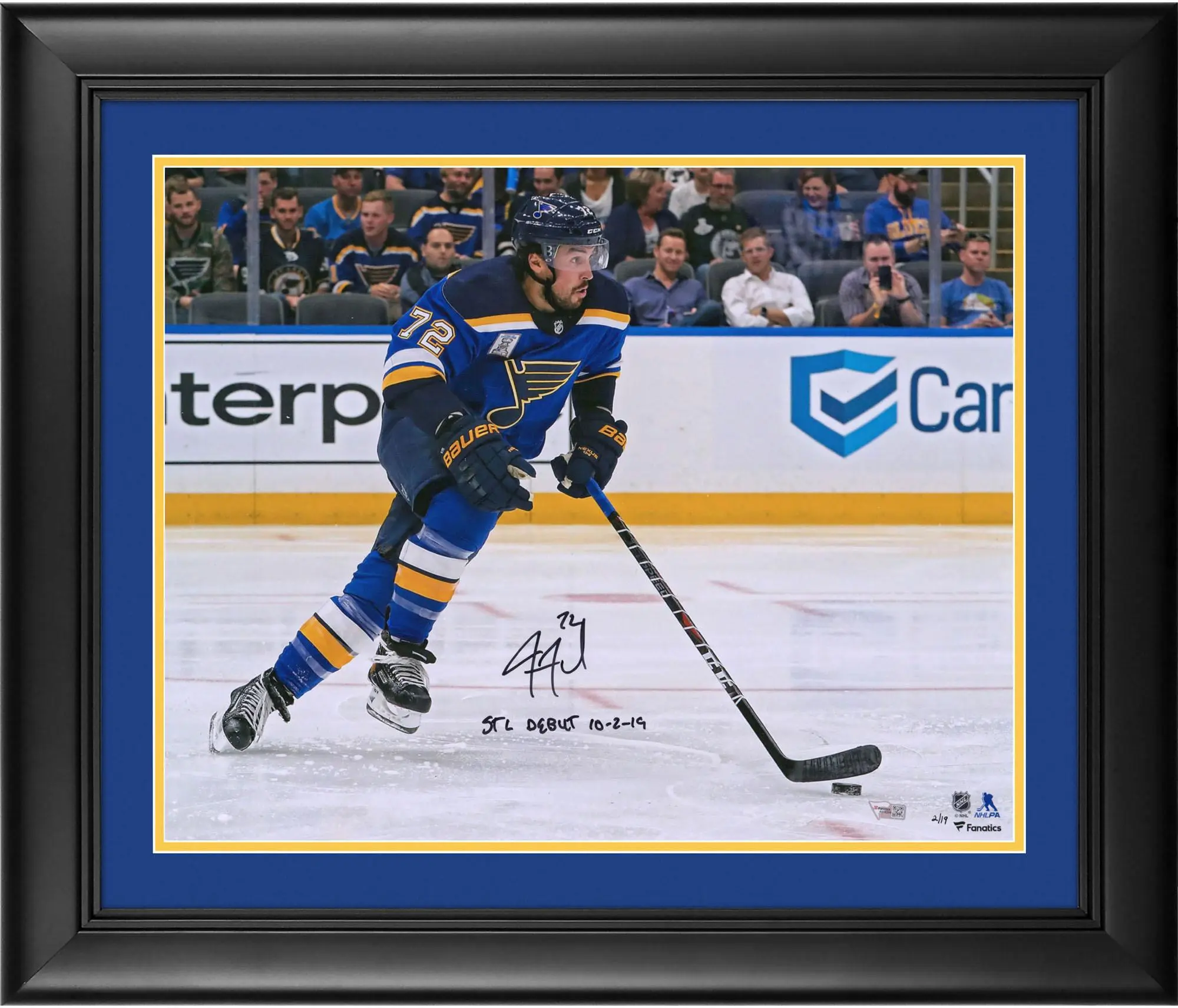 Justin Faulk St. Louis Blues Framed Autographed 16" x 20" Opening Night Photograph with "STL Debut 10/2/19" Inscription - Limited Edition of 19 - Fanatics Authentic Certified
