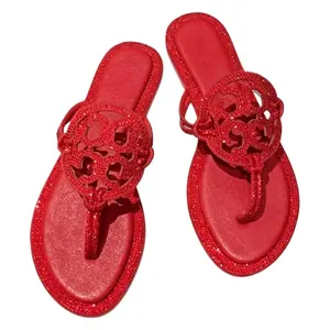 Womens Bling Rhinestone Flip Flops, Red Sparkly T-Strap Thong Sandals, Non-Slip Flat Comfortable Beach Slippers for Summer, Vacation, Daily Wear, Party, Wedding Guest Shoes