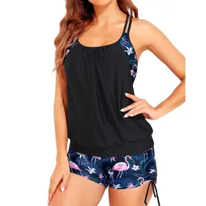 Women Swimsuits Two Piece Tummy Control Bathing Suits Blouson Swim Tank Top with Boy Shorts