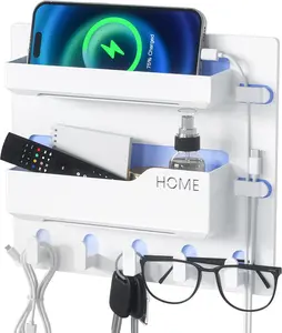 Bedside Shelf Wall Mount, Adhesive Bedside Shelf Accessories Organizer with Hooks and  Clips,Dorm Bedside Wall Storage for Phone, Remote, Earphone, Kindle,Plastic (5 Hooks Style)