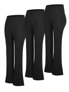 3pcs High Waisted Flare Pants with Side Pockets Tummy Control Stretch Workout Lounge Black Basic Fitted Minimalist Leggings Soft High-Elastic Gym Tights