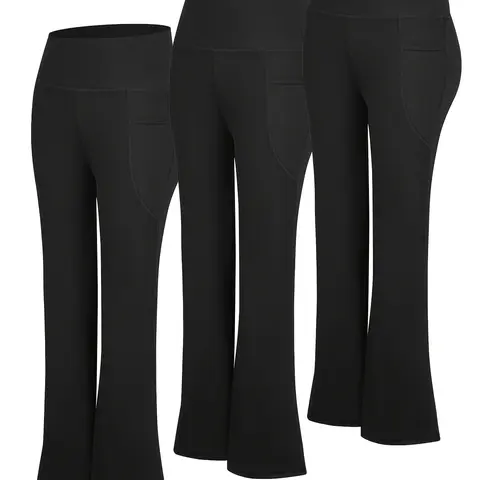 3pcs High Waisted Flare Pants with Side Pockets Tummy Control Stretch Workout Lounge Black Basic Fitted Minimalist Leggings Soft High-Elastic Gym Tights