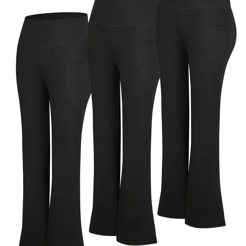 3pcs High Waisted Flare Pants with Side Pockets Tummy Control Stretch Workout Lounge Black Basic Fitted Minimalist Leggings Soft High-Elastic Gym Tights