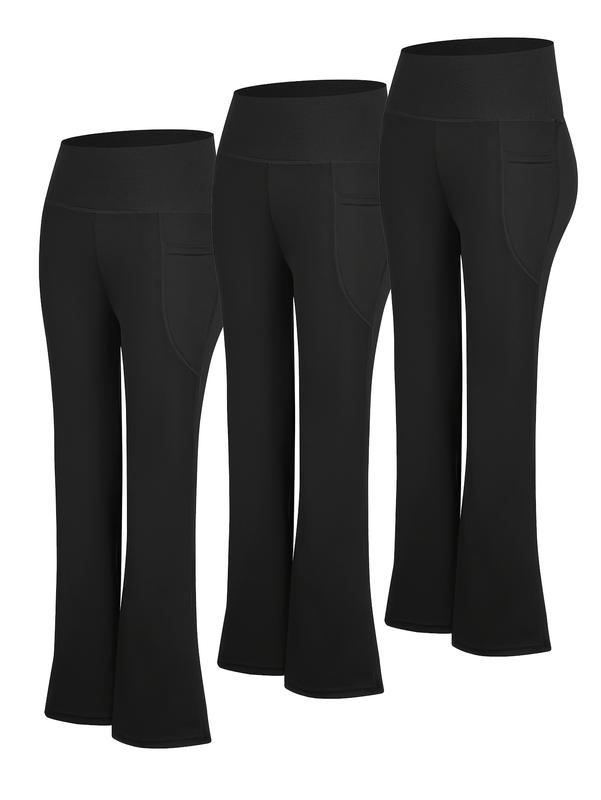 3pcs High Waisted Flare Pants with Side Pockets Tummy Control Stretch Workout Lounge Black Basic Fitted Minimalist Leggings Soft High-Elastic Gym Tights