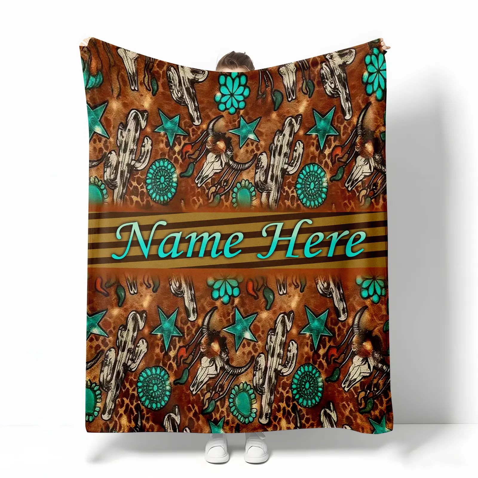 Personalized Western Desert Cactus Print Flannel Throw Blanket - 280g/m² All-Season Soft Custom Name Custom Image Blanket, Modern Southwestern Style Bedroom Decor with Turquoise Embellishments