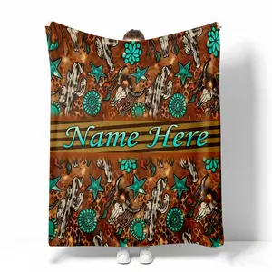 Personalized Western Desert Cactus Print Flannel Blanket - 280g/m² All-Season Soft Custom Name Bedroom Decor, Modern Southwestern Style Home Shawl with Turquoise Embellishments, Cactus Decoration