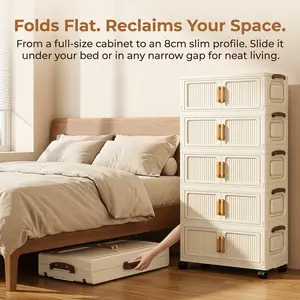 Foldable Storage Box with Lid,Width: 19.29 Inch* Height: 46.85 Inch,5 layers Holders with Wheels for Kitchen Bedroom Bathroom Warehouse Kitchen Home Storage Stackable Organizer makeup