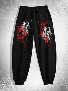 Men's Gothic Skull Casual Pants, Punk Street Style Print Cuffed Jeans, Spring & Fall Fashion, Geometric Pattern, Fitted Design
