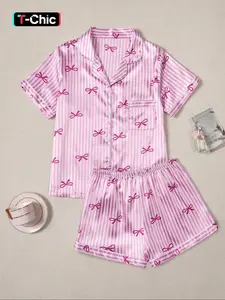 Women's Sweet Sleepwear Pajama Set, Button Front Colorblock Short Sleeve Shirt & Elastic Waist Shorts, Cute Bow Print Home Clothes