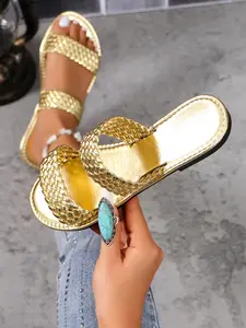 Women's Fashionable Plain Color Slides, Casual Comfortable Flat Dress Sandals for Summer, Lightweight Breathable Shoes for Daily Wear, Girl, Casual Trendy Flat