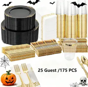 175 PCS Black And Gold Plastic Plates, Elegant Plastic Dinnerware Set For 25 Guests, 50 Heavy Duty Plates, 75 Silverware, 25 Cups, 25 Napkins For Party, Halloween, Graduation