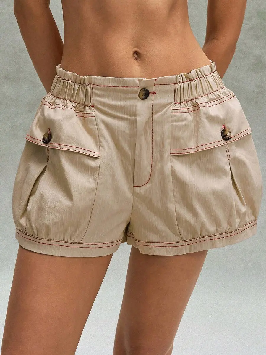 CANDYS Summer Women's Casual Vacation Versatile Khaki Paperbag Shorts