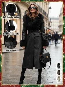 Women's Fall Winter Long Windproof Waterproof Jacket Coat, Comfortable Faux Fur Collar, Thick PU Leather, Slim Fit with Belted Design Outerwear