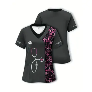Women's V-Neck Short Sleeve Nurse Scrub Top with Stethoscope & Heartbeat Graphic Print, Functional Pockets, Black & Pink Medical Uniform, Casual Polyester Healthcare Attire