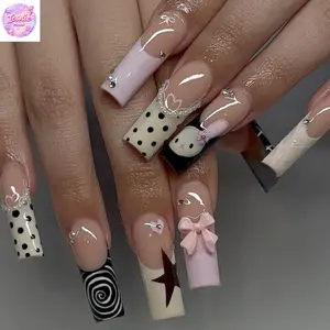 Coquette Bow Y2K Press On Nails, Pink Polka Dot Star Swirl 3D Gel Handmade Reusable Nail Set, Cute Doll Party Birthday Look