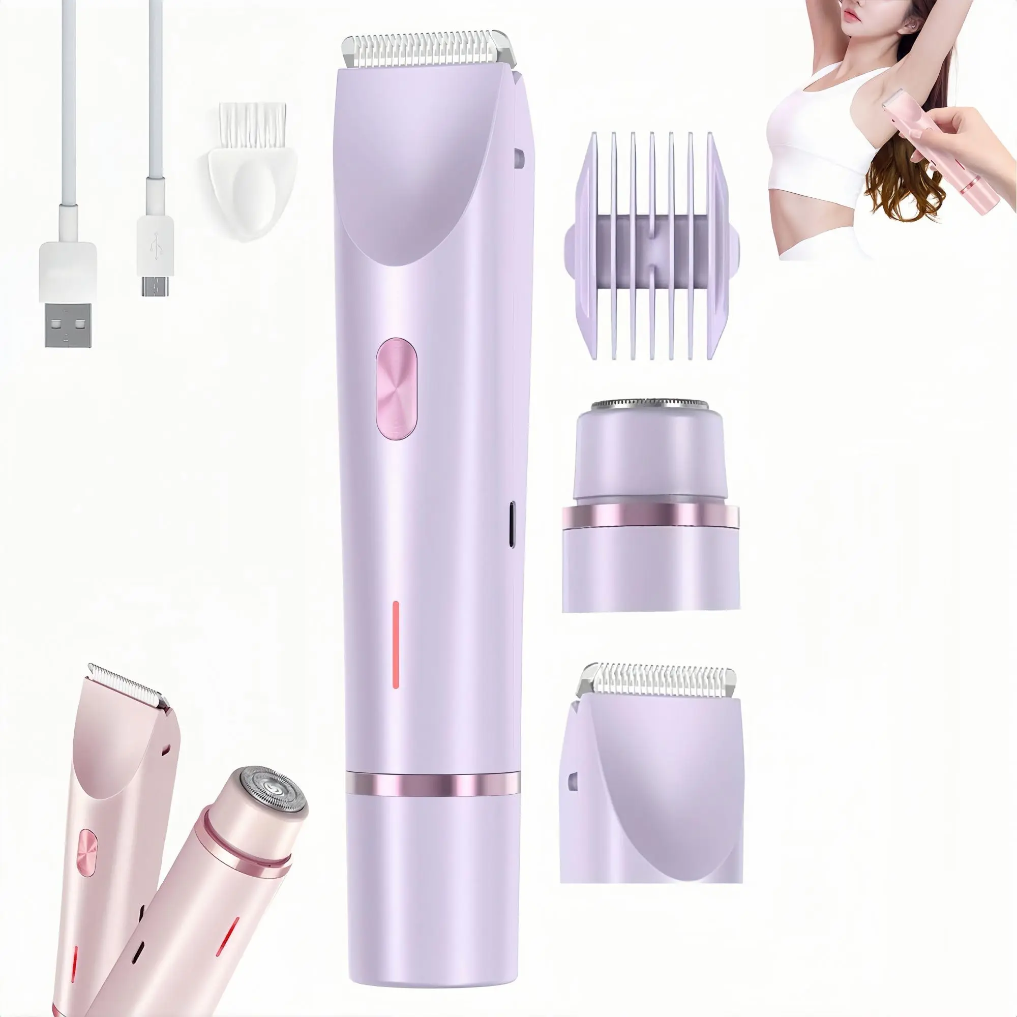 Women's 2-in-1 Rechargeable Bikini Trimmer & Electric Shaver - Beauty Products for Painless Facial/Body Grooming, Abs Care, Facial Epilator Function, with Included Box & Portable Storage Case, Face, Painless Trim, Skin Safe Abs, Dual Blade Set, With Box,,