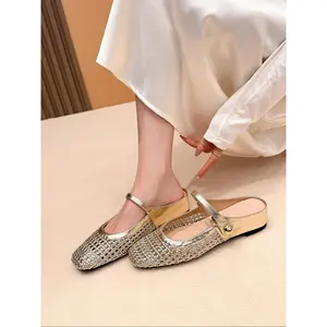 Women's Square Toe Woven Hollow Out Casual Flat Shoes, PU Leather Upper, Rubber Sole, Medium Width, All Season Fashion Sneakers