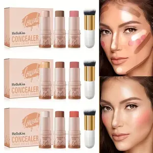 4pcs Hellokiss Cream Contour Stick with Brush - Highlighter, Bronzer & Blush | Non-Greasy Long-Wear Face Sculpting Makeup, Lightweight Cream Formula for Highlighting, Bronzing & Blushing | Easy-to-Use Contouring Pens for Cheekbones