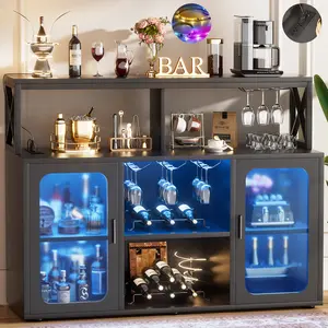 Bar Cabinet with Power Outlets, Liquor Cabinet with Led Lights and Glass Holder, Storage Buffet Cabinet Coffee Bar Cabinet for Liquor, Wine Cabinet with Racks