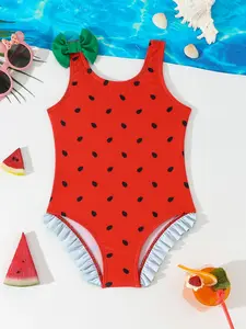 Girls Polka Dot One-Piece Ruffle Trim Swimsuit, Single Side Bow, Perfect for Beach Vacations & Summer Fun, Stylish Cute Swimwear, Swimsuit Style