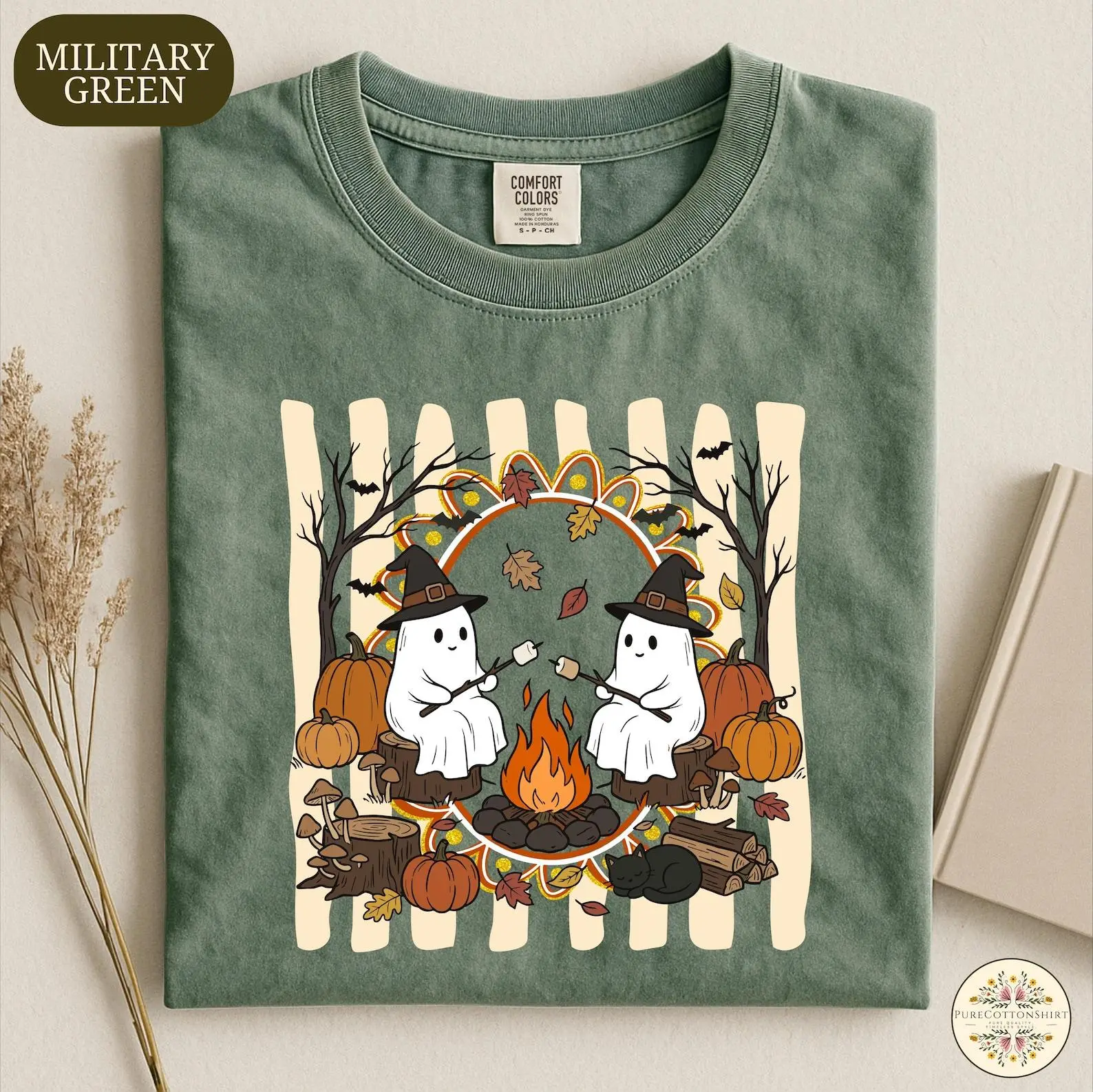 Camping Ghost Shirt, Halloween Campfire Graphic Top, Marshmallow Spooky Season Tee, Trendy Witchy Ghost Outfit, Cozy Autumn Aesthetic Shirt