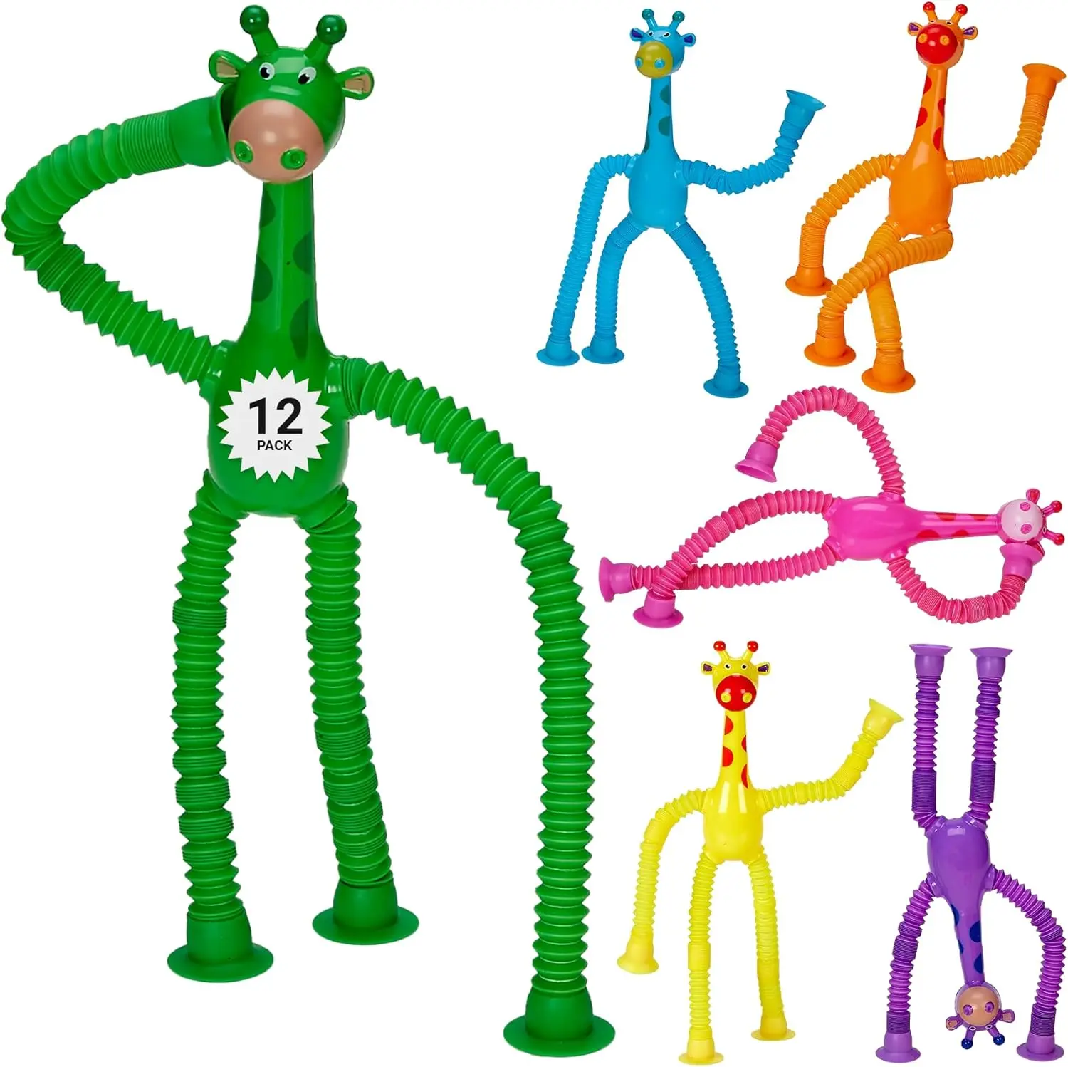 Telescopic Suction Cup Giraffe Toys for Toddler Restaurant Dinner Table Activities, Stretchy Animal Pop Tubes, Telescopic Sensory Toys for Kids with Autism Anxiety Ages 3 4 5 | 12 Pack