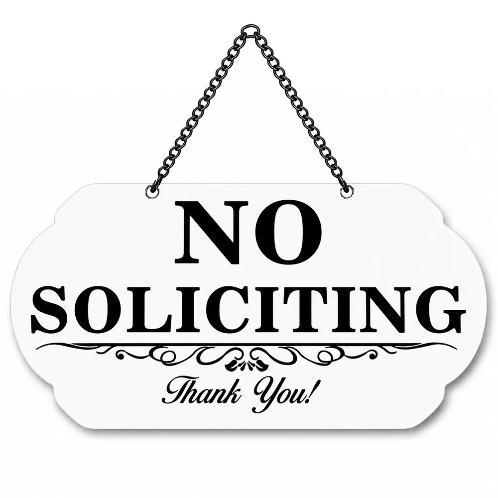 Decorative Minimalist Classic Black and White Heavy-Duty Lightweight Aluminium No Soliciting Sign (10x5 in), Door Hanging Plaque with Black Chain, Waterproof for Home Front Door, Home Office, Farmhouse
