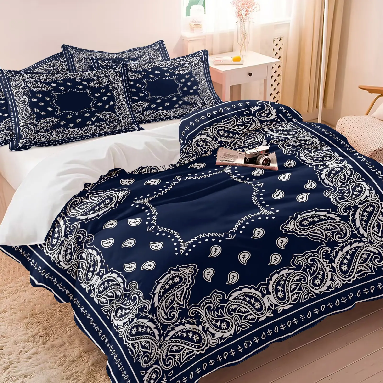 Navy Blue Bandana Paisley Duvet Cover Set - 1 Duvet Cover + 1/2 Pillowcases, Soft & Cozy All Season Bedding, Western Boho Paisley Print Comforter Cover, Microfiber Bed Linens, Bed Covers for Cowboy Cowgirl Bedroom Decor, Decorative Duvet Cover