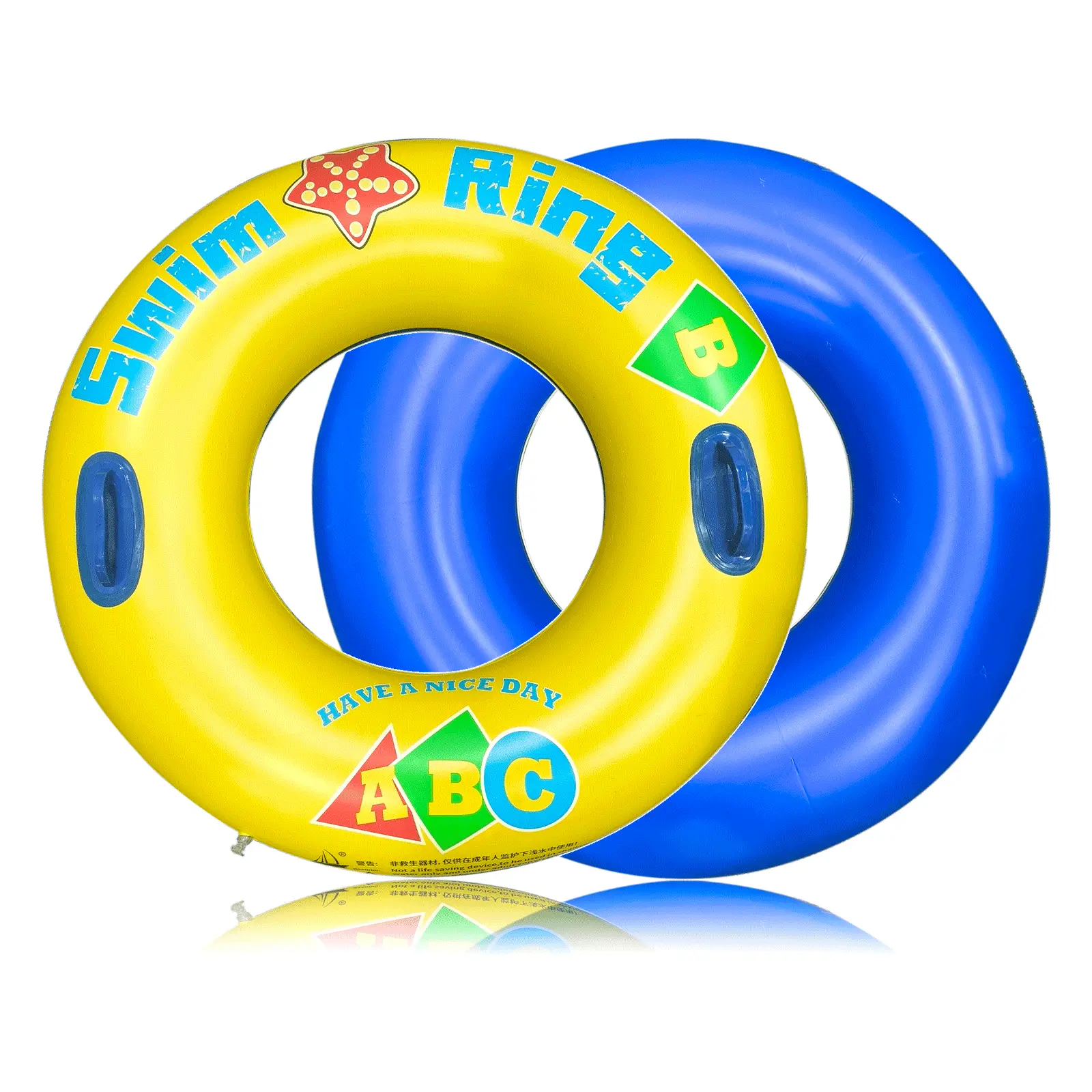 2 Pack 31.5" Dual-Color Adult Inflatable Pool Float Rings with Handles, Reversible Yellow & Blue Heavy Duty Swimming Tubes