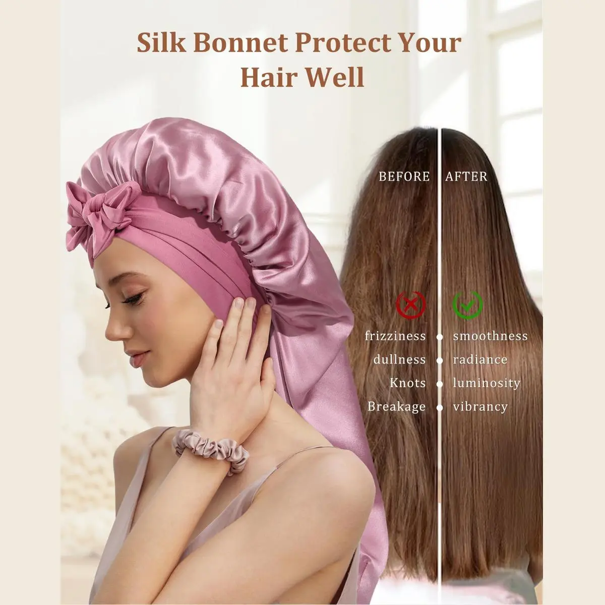 100% Mulberry Silk Bonnet with Hair Scrunchy Elastic Tie Band 100% Mulberry Silk Bonnet for Women Hair Bonnet for Sleeping  main image 2