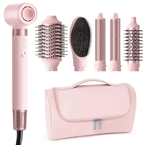 MESCOMB 6-in-1 High-Speed Hot Air Styler Wrap Hair Curler Set - Lightweight Blow Dryer Brush with Thermal Silicone Round Brushes, Frizz Control, Fast Drying, Bouncy Curls, Silky Straight Locks for Blowout Hair & Daily Use Hot Air Styler 5-in-1