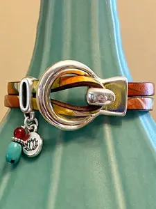 Vintage Boho Style PU Leather Bangle Bracelet, Dual Layer Metal Design, Unisex Party Vacation Accessory, All Seasons Wear, Floral Accents