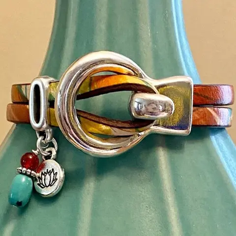 Vintage Boho Style PU Leather Bangle Bracelet, Dual Layer Metal Design, Unisex Party Vacation Accessory, All Seasons Wear, Floral Accents, Bohemian Bracelets