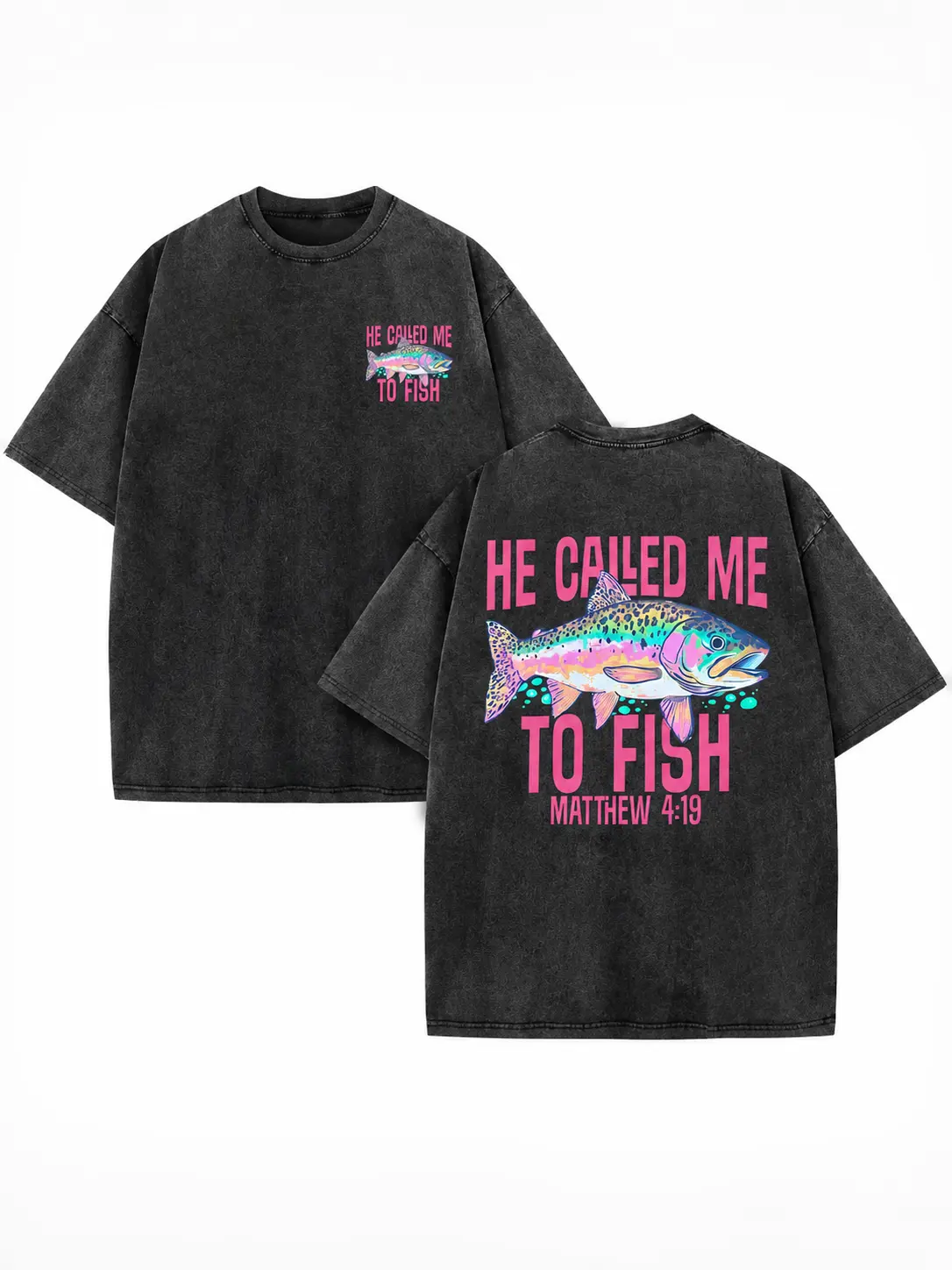 Men's 100% Cotton Vintage Washed Oversized Short-Sleeve Graphic T-Shirt - Christian Fisherman Matthew 4:19 Rainbow Trout Front & Back Print, Religious Outdoor Streetwear Top