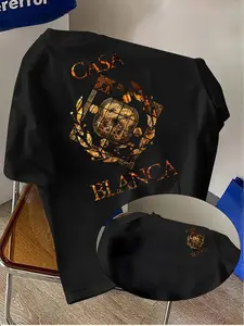 Men's Vintage Luxury Casa Blanca Pattern T-Shirt, Bold Letter & Olive Leaf Wreath Design, Print, Summer Short Sleeve