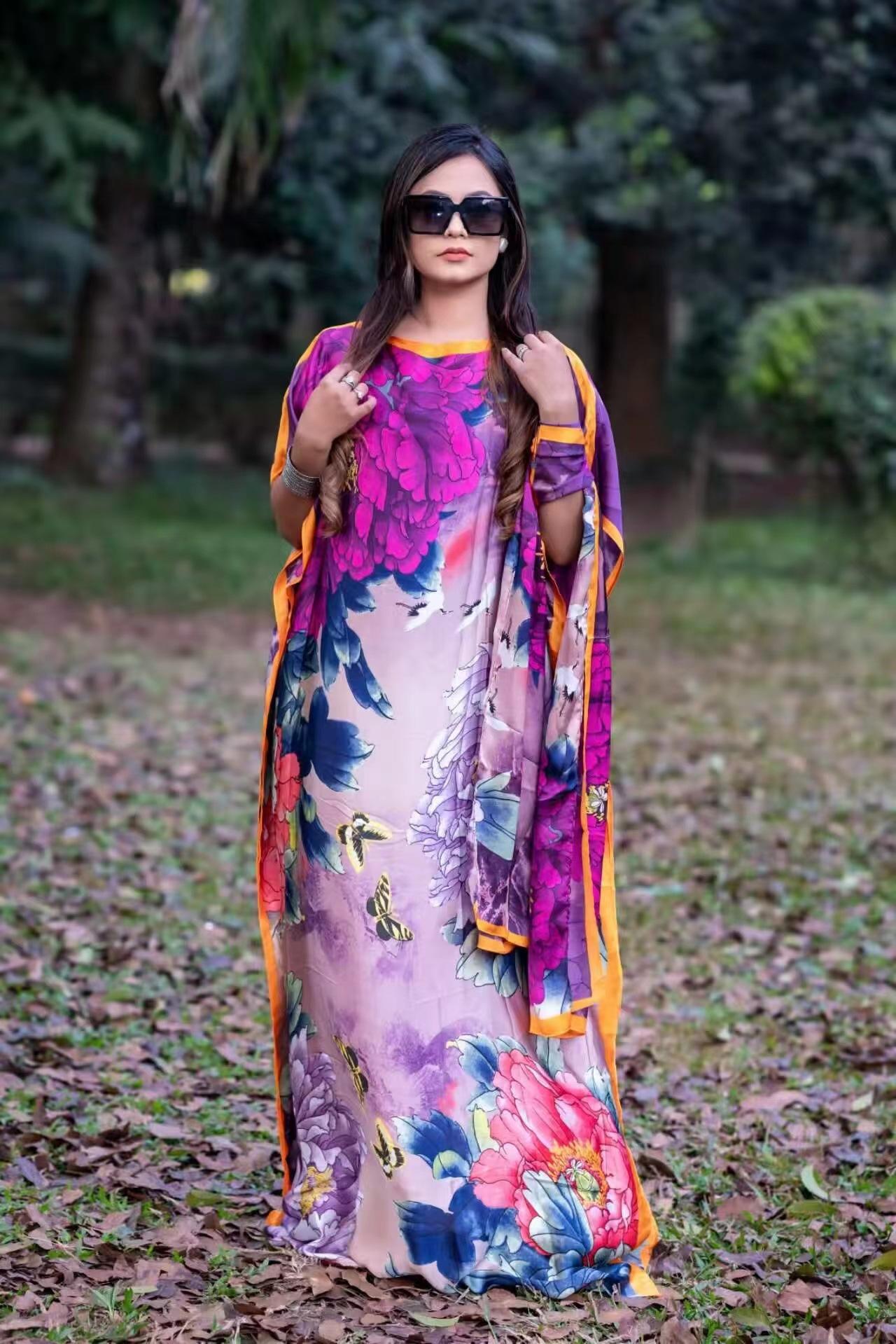 Women's 2-Piece Boho Floral Print Long Dress & Scarf Set, Casual Beach Vacation Wear, All-Season Shawl Accessory Set