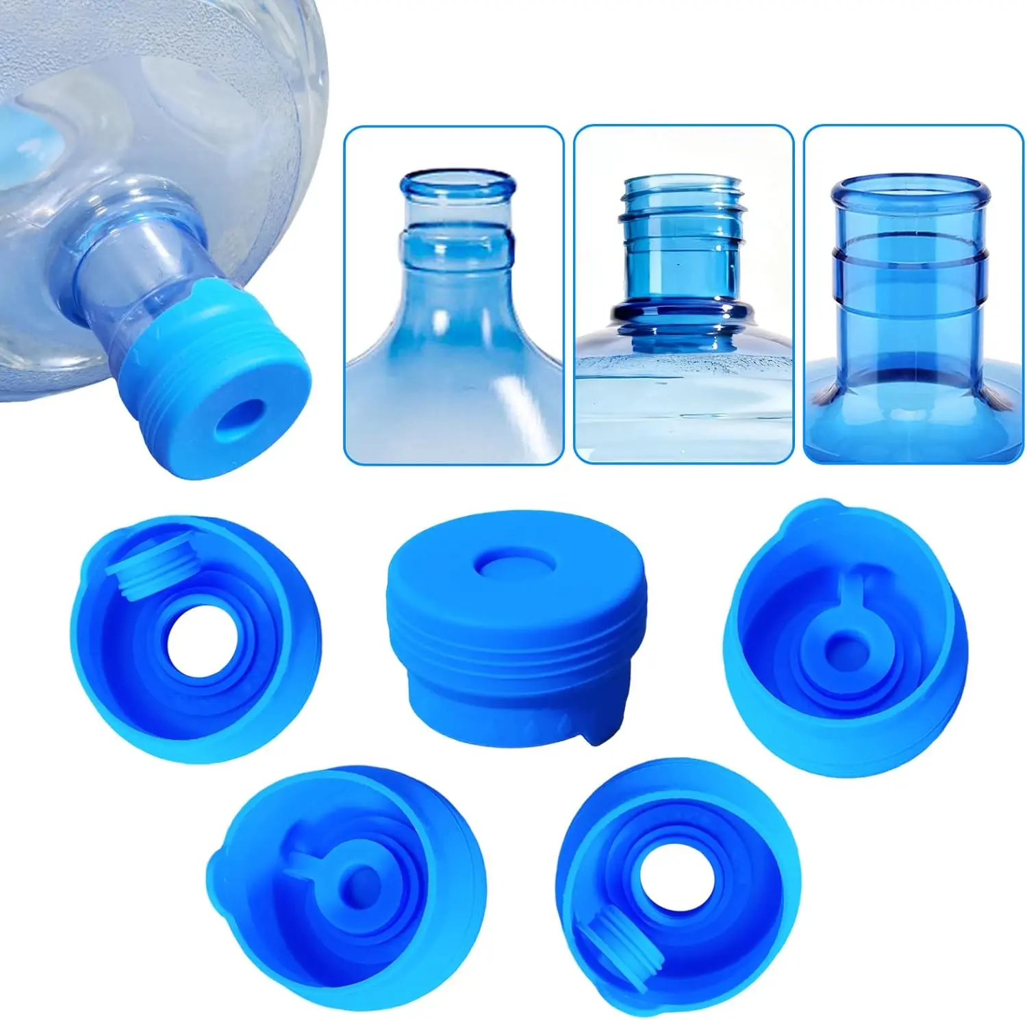 3 & 5 Gallon Water Jug Caps, Non-Spill Leak Free Silicone Covers for Indoor & Outdoor Use, BPA Free Food Grade