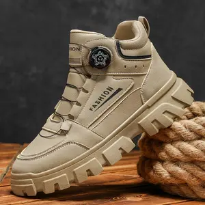 Men'S Retro Streetwear Low-Top Boots - Beige Faux Cover with Black Accents, Lace-Up & Elastic Closure, Durable PVC Sole for Hiking, Outdoor & Casual Wear, All-Season Comfort, Hiking Boots, Outdoor Footwear, Minimalist Design, Fabric Lined I