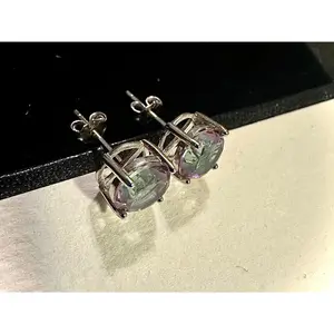 925 Sterling Silver Rainbow Mystic Topaz Stud Earrings for Women 6MM Birthstone Gift