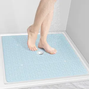Square shower mat, 27"x 27" extra-large shower mat, suitable for indoor showers, TPE non-slip shower mat with suction cups and drainage holes, machine washable shower floor mat (light blue)